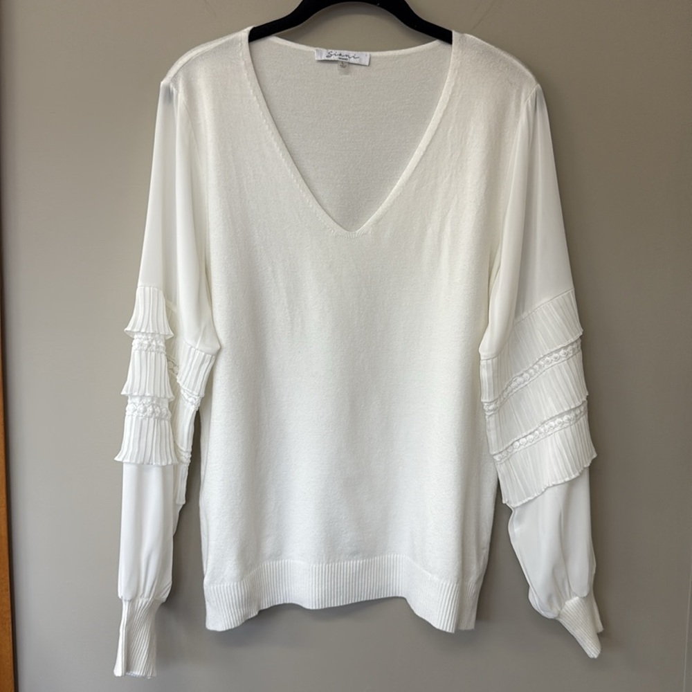 Sioni Milano Mixed Media V Neck Sweater | White | Large | GUC
